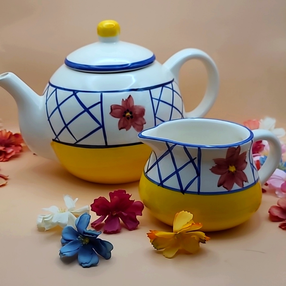 CIC handpainted ceramic teapot yellow blue and white with matching creamer